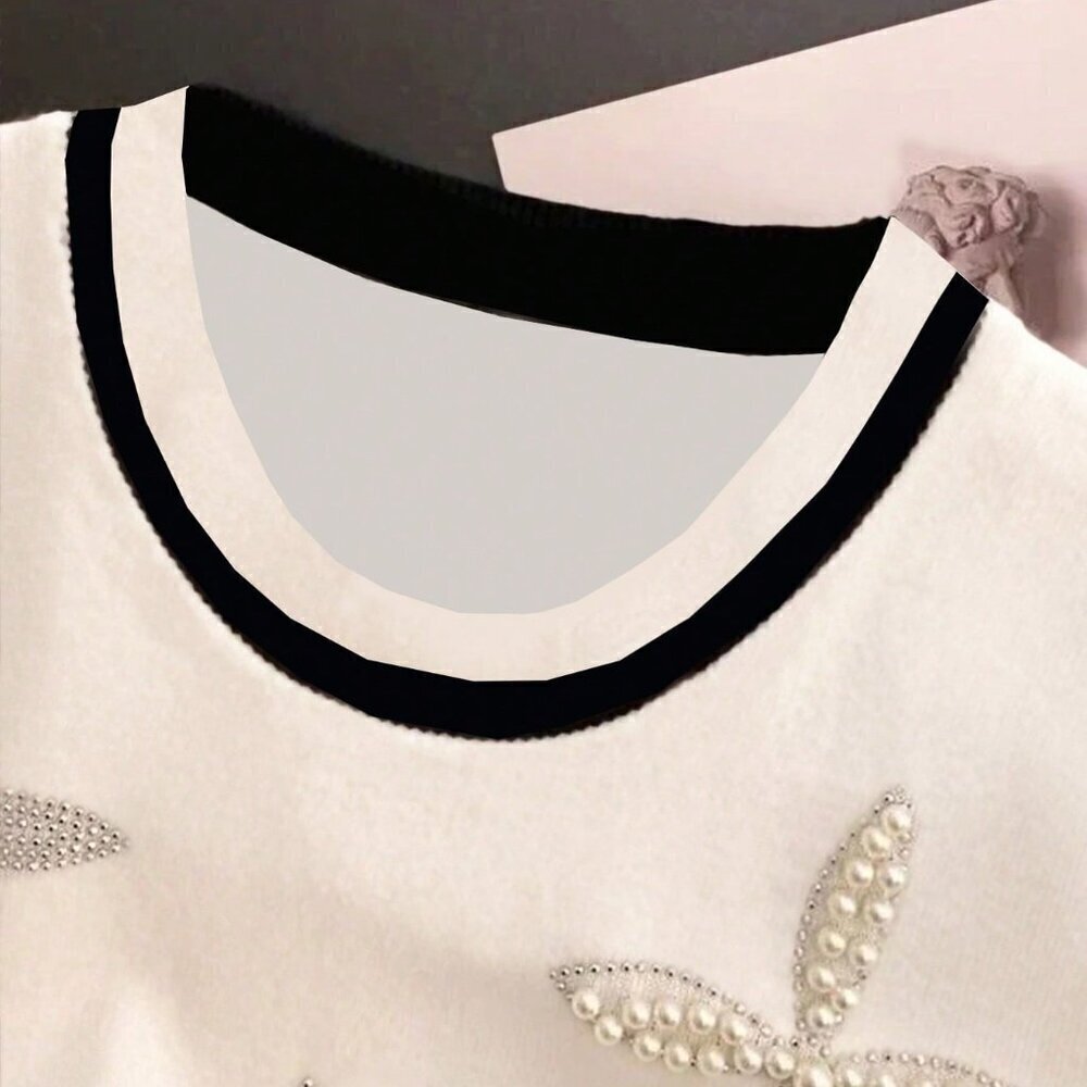 Multicolor Casual Women's Pearl Decor Round Neck Short Sleeve Knit T-Shirt - Picture 3 of 4